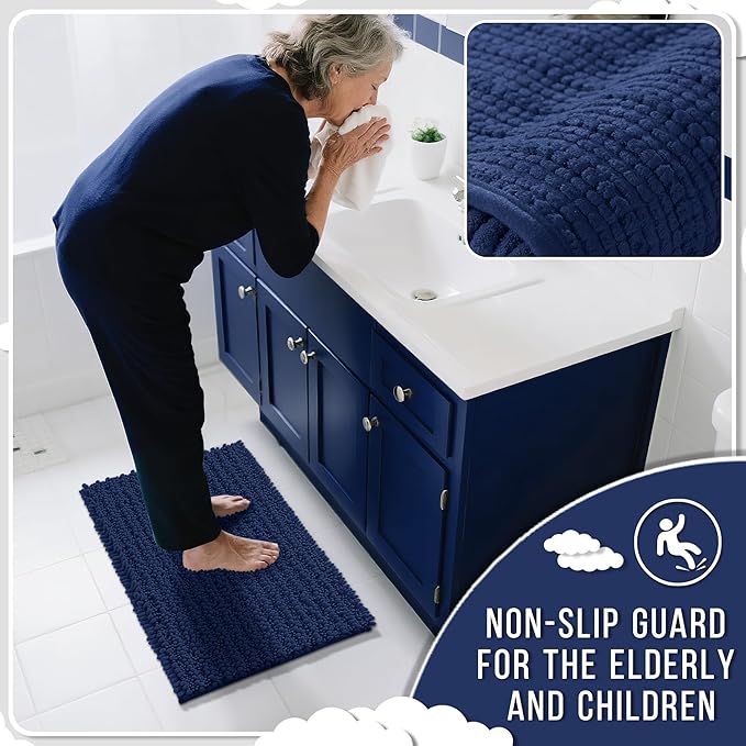 Yimobra Bathroom Rugs Non Slip Washable - Ultra Soft Absorbent Chenille Bath Mat, Quick Dry Shaggy Floor Carpet for Tub Shower, Navy Blue Home Decor Accessories, 24x17 Inch