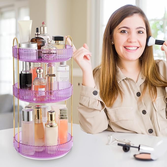 Aveniee Rotating Makeup Organizer for Vanity, Perfume Skincare Organizerss Large, Spinning Bathroom Counter Shelf Holder for Cosmetics, Skin Care, Lipsticks,3 Tiers, Purple
