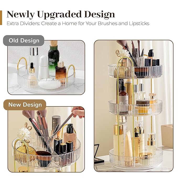 Aveniee 360° Rotating Makeup Organizer for Vanity, Perfume Skincare Bathroom Countertop Organizers, 3 Tier Spinning Skincare Storage with Brush Holder for Lipstick Cosmetic Lotion,White