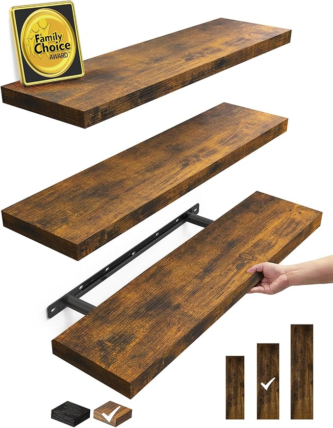 BAYKA Floating Shelves for Wall, 22.5 Inch Rustic Wood Wall Mounted Shelving for Bathroom, Bedroom, Living Room, Kitchen & Book, Hanging Display Decor Shelf with 22 lbs (Rustic Brown,Set of 3)
