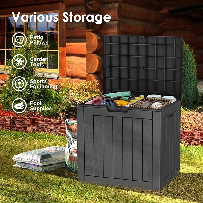 TARKARI 35 Gallon Lockable Resin Deck Box, Waterproof & UV-Resistant Outdoor Storage Box for Outdoor Cushion Storage, Garden Tools & Pool Accessories Storage, Black