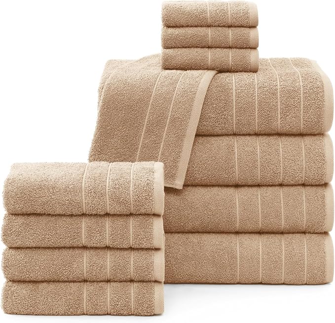Casa Platino 100% Mercerized Cotton Bathroom Towel Set - 12 Pcs - Ring Spun, Super Soft & Highly Absorbent - 4 Large Bath Towels, 4 Washcloths, 4 Hand Towels - Wide Variety of Colours - Beige
