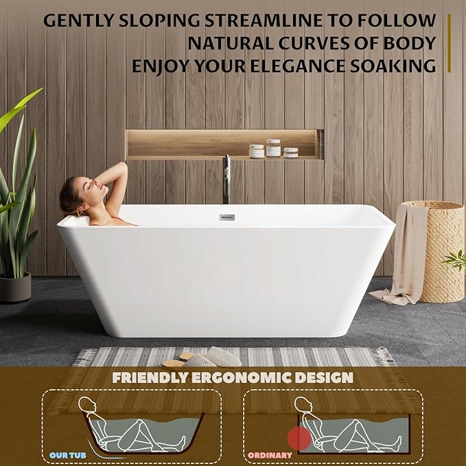59" Acrylic Freestanding Soaking Bathtub, Matte Drain & Black Overflow, Modern Design Tub for Home Bathroom Renovations, Glossy White