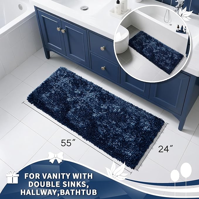 Yimobra Long Bathroom Rugs Runner 55x24 Inch, Extra Thick Soft Absorbent Chenille Bath Mat, Non Slip Machine Washable, Quick Dry Bath Rugs for Bathroom Floor, Tub and Shower, Navy Blue