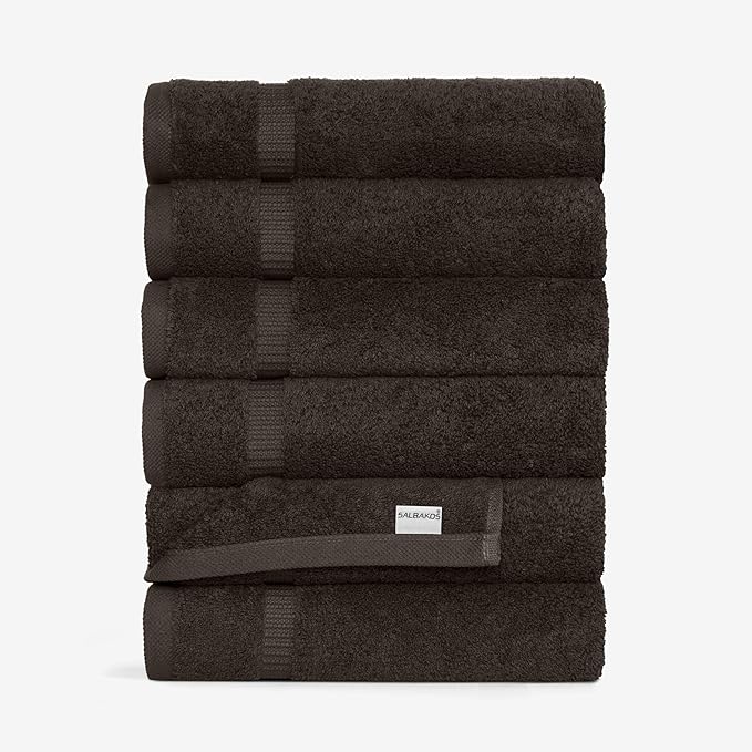 SALBAKOS 100% Turkish Cotton Hand Towel Set of 6 16x30 inch | Heirloom Quality | Hotel & Spa Collection | Soft, Super Absorbent, Long Lasting Hand Towels | Made in Turkey (Chocolate, 6 Hand Towels)