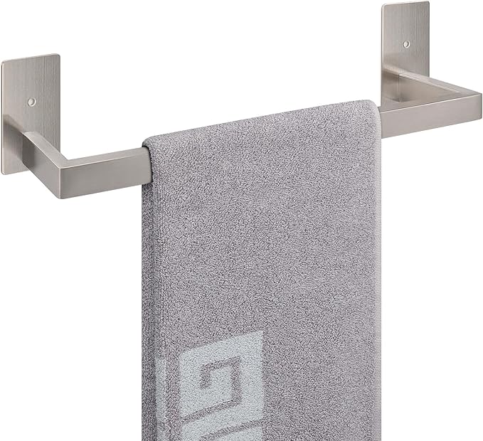 NearMoon Self Adhesive Bathroom Towel Bar, Stainless Steel Square Bath Wall Shelf Rack Hanging Towel Stick On Sticky Hanger Contemporary Style, Towel Rack Wall Mounted (16 Inch, Brushed Nickel)