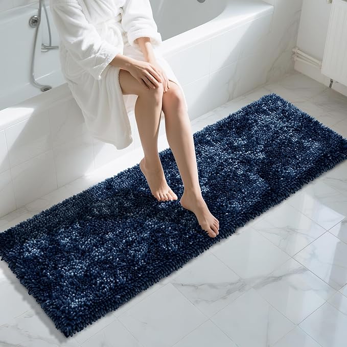 Yimobra Long Bathroom Rugs Runner 70x24 Inch, Extra Thick Soft Absorbent Chenille Bath Mat, Non Slip Machine Washable, Quick Dry Bath Rugs for Bathroom Floor, Tub and Shower, Navy Blue