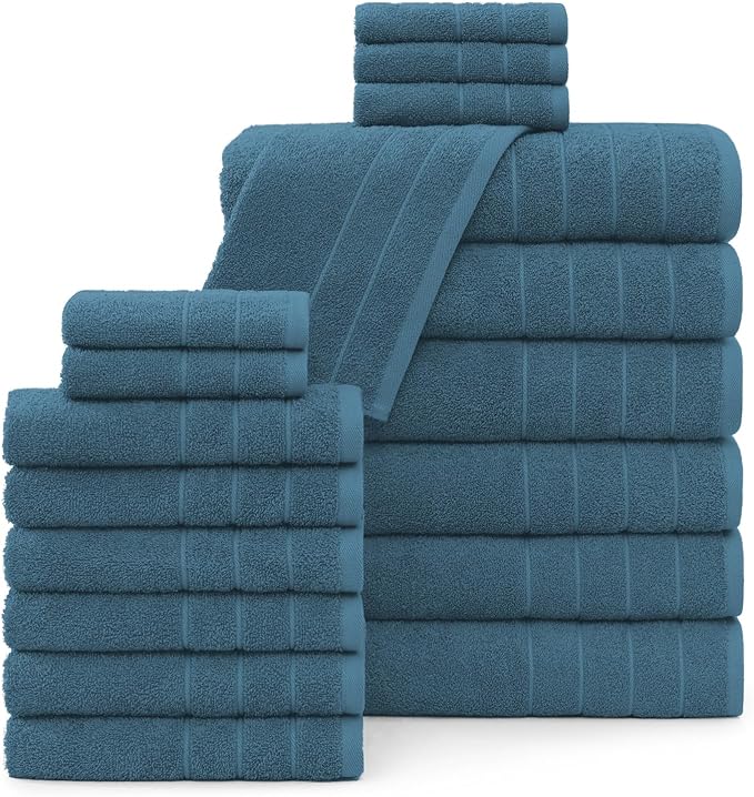 Casa Platino 100% Cotton Luxury Bath Towel Set - 18 Pieces - Ring Spun, Soft, Quick Dry & Extra Absorbent - 6 Bath, 6 Washcloths, 6 Bathroom Hand Towels - Minimal Lint After 3 Washes - Steel Blue