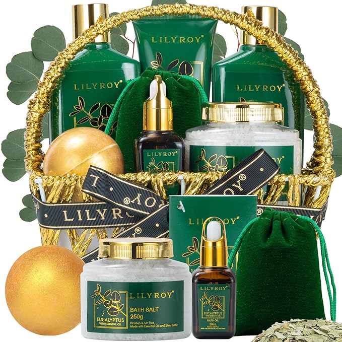Spa Gift Basket for Christmas Gifts - 9 Pieces Premium Eucalyptus Bath & Body Care Kit for Women & Men, Holiday Gift for Mothers Day, Valentine's Day, Father's Day, Birthday with Shower Gel & More