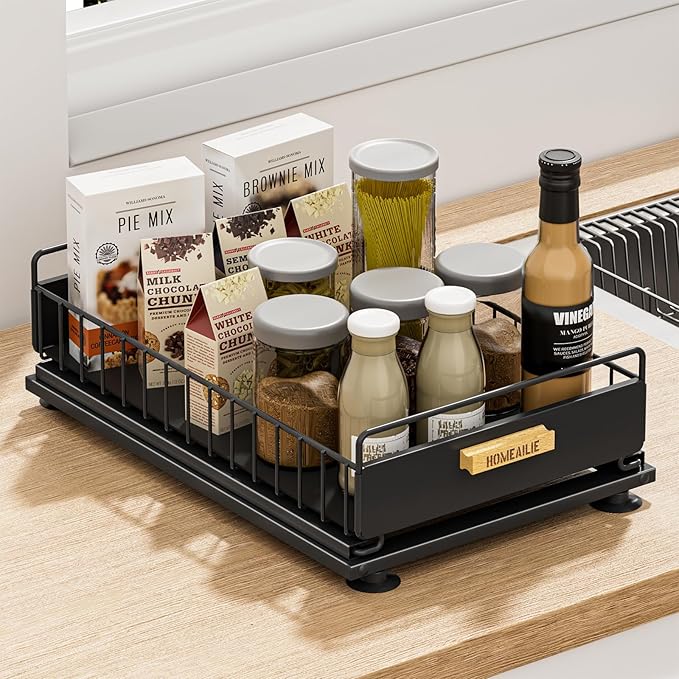 Under Sink Organizer, Single Tier Metal Pull Out Sliding Drawer Shelf for Kitchen Bathroom Cabinet Storage, Sturdy Rack – Black