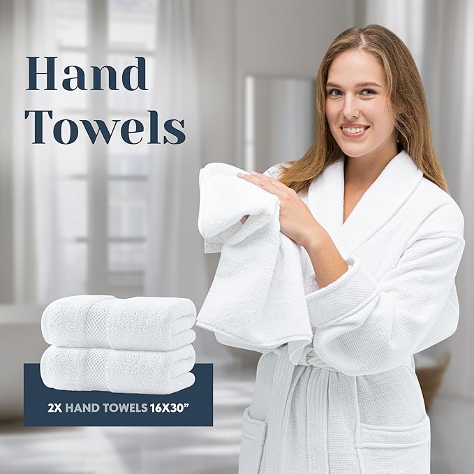 Luxury White Bath Towel Set of 8 Pieces - 100% Turkish Cotton 700 GSM Highly Absorbent Towels for Bathroom, 2 Bath Towels, 2 Hand Towels, 4 Washcloths