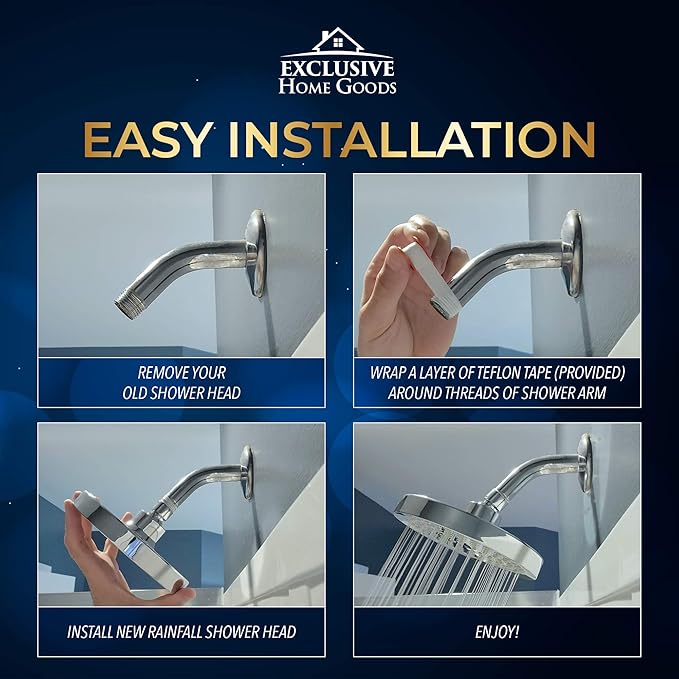 Rainfall Shower Head - 6" High Pressure Shower Heads - 2.5 GPM Shower Heads with Anti-Clog 90 Rubber Jets - 360° Rotation Adjustable Shower Head - Rustproof Bathroom Shower Head