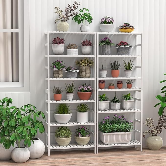 VASMIA 6-Tier Bamboo Shelf,Bamboo Storage Shelving Unit,Tall Bookcase with Adjustable Shelves,Multipurpose Storage Display Shelf for Bathroom, Living Room, Balcony, Kitchen,White