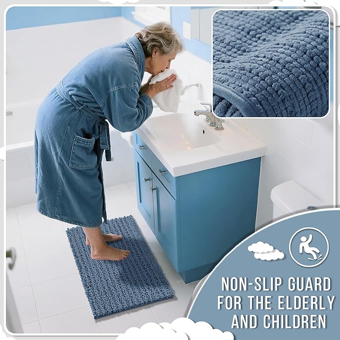 Yimobra Bathroom Rugs Non Slip Washable - Ultra Soft Absorbent Chenille Bath Mat, Quick Dry Shaggy Floor Carpet for Tub Shower, Denim Blue Home Decor Accessories, 24x17 Inch