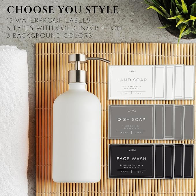 Lotion, Hand & Dish Soap Dispenser for Kitchen Sink - Bathroom Soap Dispenser Set of 2 16.8 Oz Glass Bottles with Stainless Steel Pump, 15 Water Proof Labels & Silicon Tray (White/Silver)