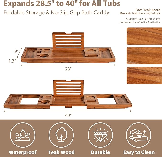Teak Bathtub Tray | Adjustable Width Tray with Wine Holder, Tablet/Phone & Book Stand, Splash-Proof for Bath Time- Natural