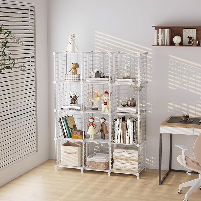 12-Cube Storage Organizer, Metal Wire Cube Shelving Unit, 11.8" L x 11.8" W x 11.8" H, Modular Grid Bookshelf for Closet, Bedroom, Office, White ATTJL12W