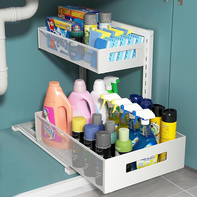 Pull-out Under Kitchen Sink Organizer, Metal Functional Under Sink Organizer, Height Adjustable Under Bathroom Sink Organizer, Under Sink Storage for Kitchen Bathroom Cabinet (White)