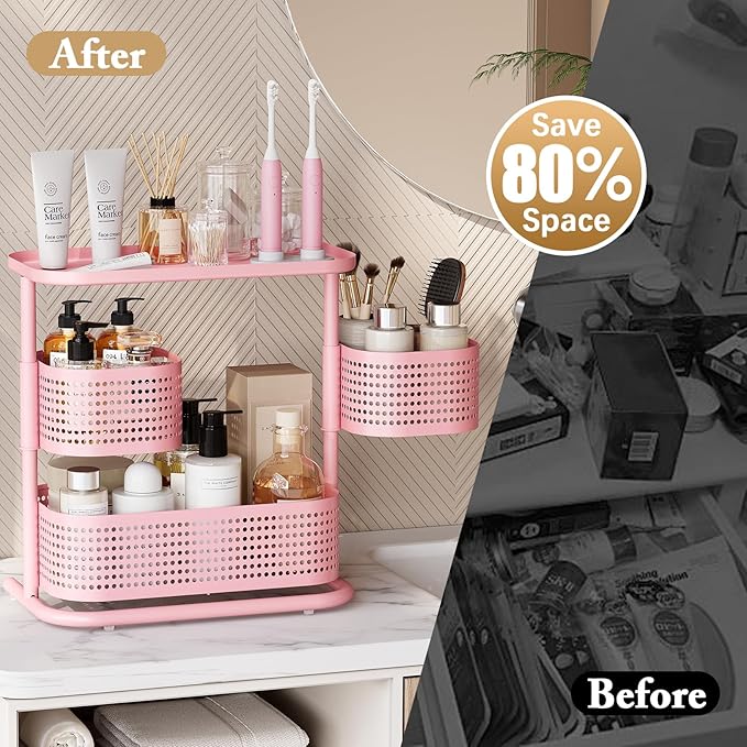 KINGRACK 3 Tier Bathroom Organizer Countertop, Multi-Purpose Makeup Organizer, Rotating Desktop Skincare Organizer, Vanity Tray Standing Rack for Bathroom, Pink
