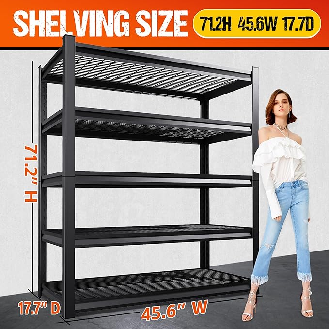 71"H Garage Shelving Heavy Duty Storage Shelves, 5-Tier Adjustable Metal Shelving Unit, Utility Garage Organizer Shelf for Basement, Pantry, Warehouse, supermarket, 45.6"W x 17.7"D x 71.2"H