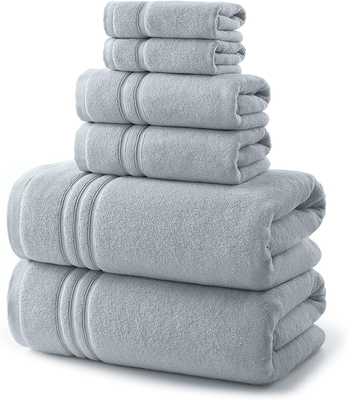 REDKISS Light Grey Bath Towel Set - 100% Cotton Towels for Bathroom, 600 GSM Premium Dark Grey Towel of 6, Includes 2 Large Bath Sheets, 2 Hand Towel, 2 Washcloths, Highly Absorbent