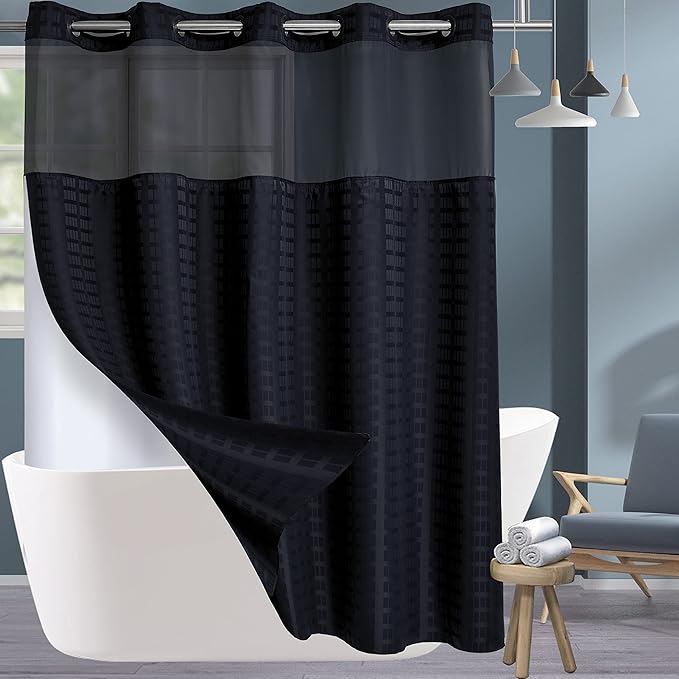 Conbo Mio No Hook Shower Curtain with Snap in Liner Set, Hotel Luxury Black Shower Curtains for Bathroom with See Through Top Window, Waterproof, Washable 71W x 74H