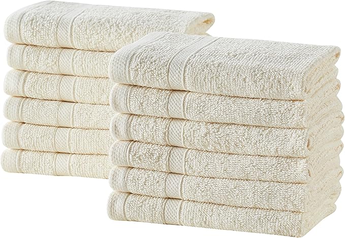 CLOROX Bleach Friendly, Quick Dry, 100% Cotton Washcloths (12" x 12"), Highly Absorbent Soft Lightweight, Ideal for Everyday Use, Easy to Wash (12 Pack, Ivory)