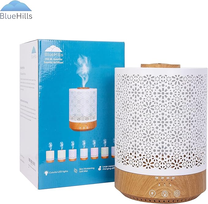 BlueHills 2500 ML Humidifier with Essential Oil Diffuser Combo Aroma Home Décor Design for Large Bed Bath Kids Baby Living Rooms Big Capacity LED Lights Scent Ultrasonic Cool Mist Wood Grain F006