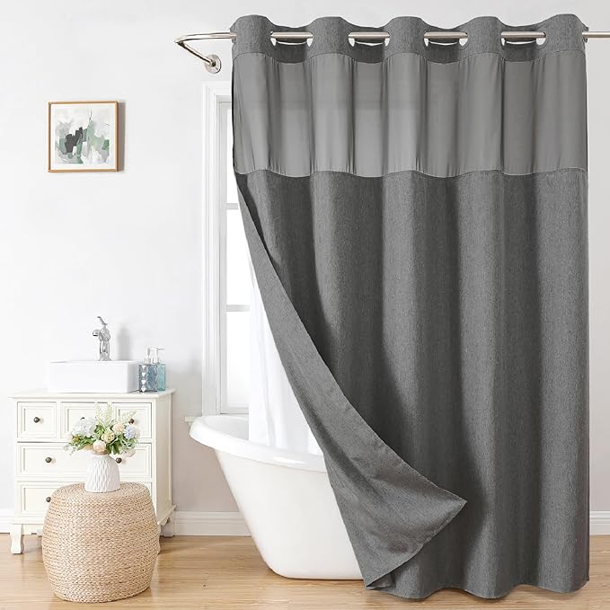 No Hooks Needed Linen Textured Shower Curtain with Snap-in Fabric Liner Set,Hotel Luxury Decor Waterproof Shower Curtains for Bathroom with Mesh Top Window,Washable,71Wx74H,Charcoal Grey