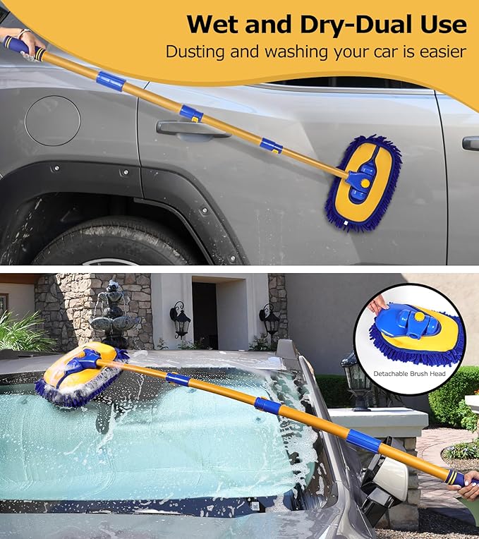 anngrowy 56.7" Car Wash Brush Mop Kit Mitt Sponge with Long Handle Car Cleaning Supplies Kit Tools Car Washing Duster Exterior Scratch Free, Chenille Replacement Head Extension Pole