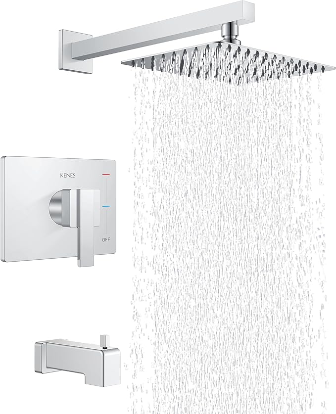 KENES Polished Chrome Tub and Shower Trim Kit, Tub Shower Faucet Set Complete with 10-Inch Rainfall Shower Head and Tub Spout, KE-6024A-5 (Shower Valve Included)