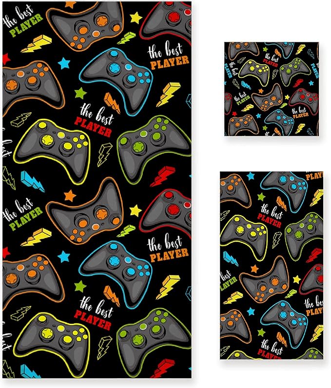 Gaming 3 Piece Towel Bathroom Sets, 1 Bath Towel, 1 Washcloth, 1 Hand Towel, Cotton Fast Dry Soft Absorbent Towel Set for Home Kitchen Family