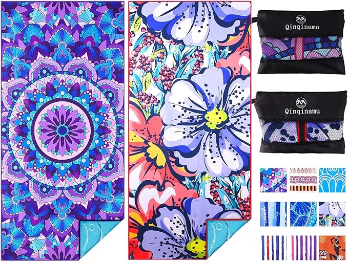 2 Pack Microfiber Oversized Lightweight Beach Towel 71"x32" XL Extra Large Thin Sand Free Towels Travel Swim Pool Yoga Gym Camping for Adults Women Men Beach Essentials Accessories Vacation Gift