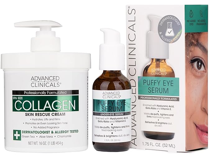 Advanced Clinicals Collagen Cream + Puffy Eye Face Serum 2pc Set | Collagen Body Lotion & Brightening Under Eye Serum | Fragrance Free | Skin Care Products, 2pc Bundle