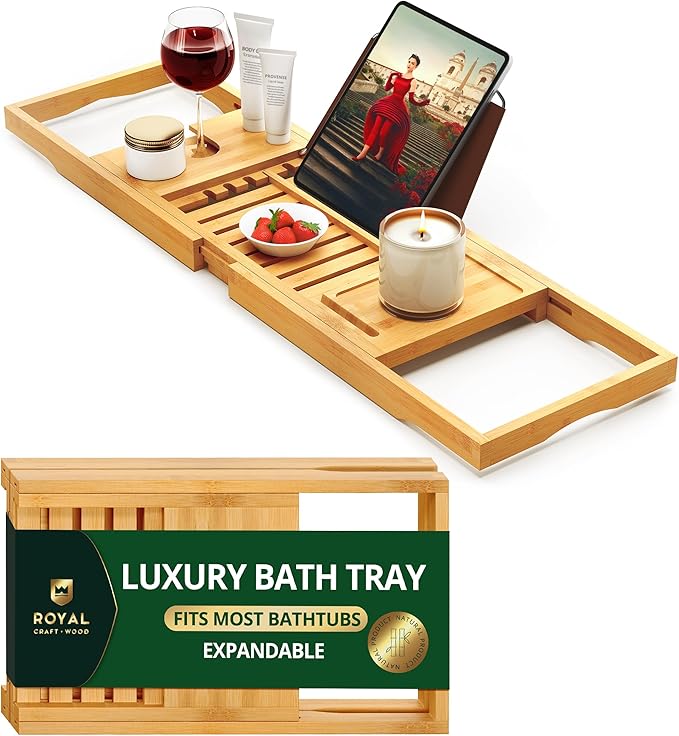 ROYAL CRAFT WOOD Premium Foldable Bathtub Tray Caddy - Wood Bath Tray for Tub, Bamboo Shelf, Expandable Bath Table Trays, Bathtub & Bathroom Accessories for New Home & Mothers, Birthday Gifts for Mom