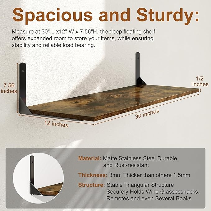30" W x 12" D Floating Shelves for Wall, Deep Wall Shelves with Visible Bracket for Books, Plant, Large Deep Bathroom Shelf for Storage & Display, Rustic Brown, Set of 2