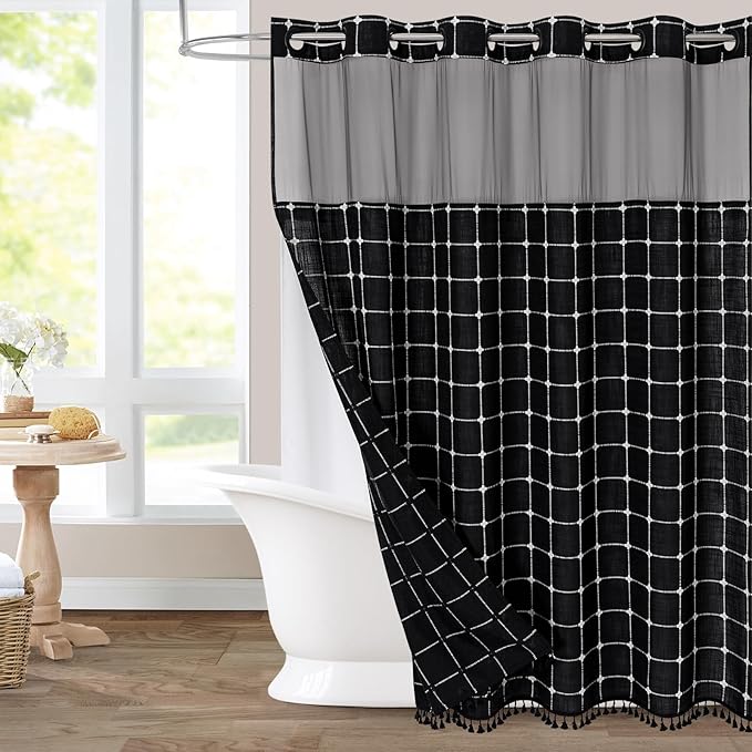 No Hooks Required Farmhouse Shower Curtain with Snap-in Liner - with Window & Magnets, Boho Cotton Linen Fabric Shower Curtains with Tassels for Rustic Bathroom Decor, Black and White, 72 x 74