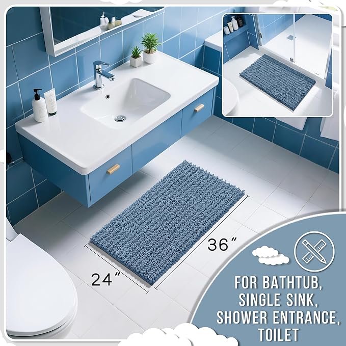 Yimobra Large Bathroom Rugs Non Slip Washable 36x24 Inch - Ultra Soft Absorbent Chenille Bath Mat, Quick Dry Shaggy Floor Carpet for Tub Shower, Denim Blue Home Decor Accessories