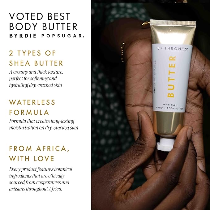 54 Thrones Mini African Beauty Shea Butter, Intensive Dry Skin Support, Moisturizing Body Butter for Women, Moisturizing Body Balm and Cream, Locks in Moisture, Ugandan Vanilla + Ethiopian Honey, 1 oz