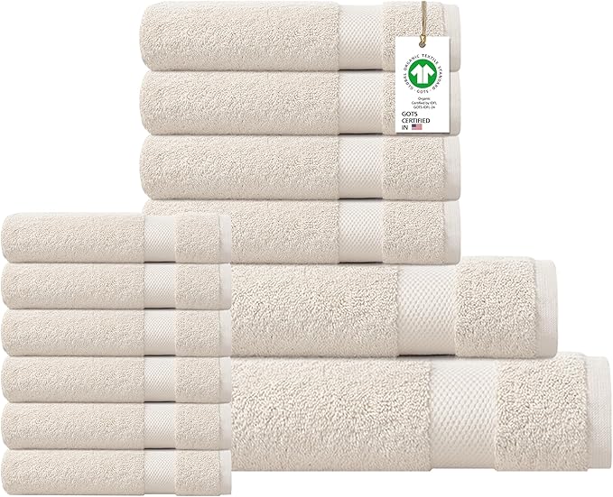 Delara 100% Organic Cotton Towels 650 GSM Plush Feather Touch Quick Dry Towel, 12-Piece Towel Set GOTS Certified, Oeko-Tex Green Certified, 1 Bath Towel, 1 Bath Sheet, 4 Hand Towels & 6 Wash Cloths