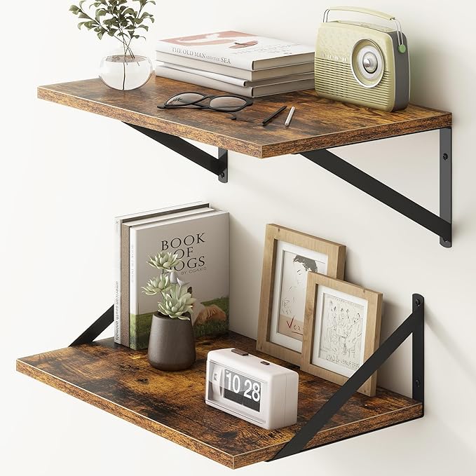 18"W x12"D Floating Shelves, Farmhouse Wall Shelves Home Decor Shelf, Deep Bathroom Shelf with Bracket, 12 Inch Deep Wall Shelves for Living Room, Kitchen, Bedroom, Rustic Brown, Set of 2