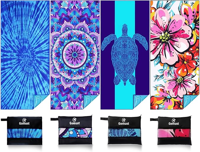 4 Pack Lightweight Thin Beach Towel Oversized 71"x32" Big Extra Large Microfiber Sand Free Towels for Adult Quick Dry Travel Camping Beach Accessories Vacation Gift Turtle Tie Dye Mandala Flower