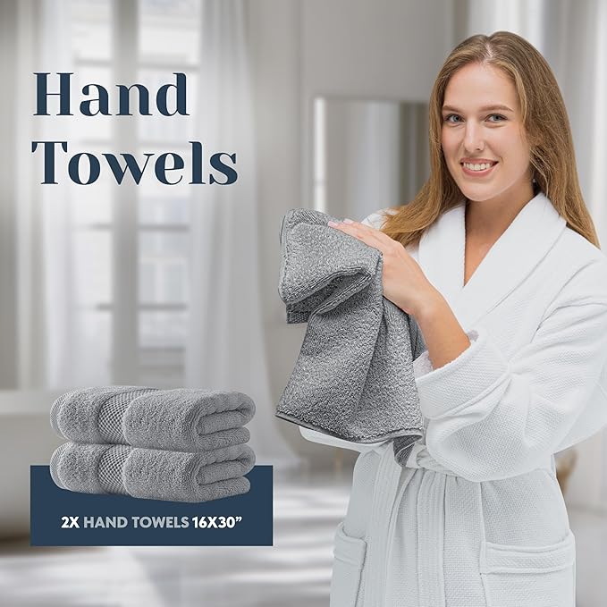 White Classic Luxury Bath Towel Set of 8 Pieces - 100% Turkish Cotton Highly Absorbent Towels for Bathroom, 2 Luxury Bath Towels 700GSM, 2 Hand Towels, 4 Washcloths, Dolphin Gray