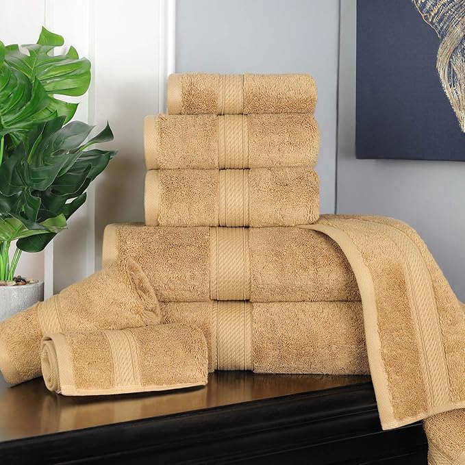 Superior Egyptian Cotton Pile 8 Piece Towel Set, Includes 2 Bath, 2 Hand, 4 Face Towels/Washcloths, Ultra Soft Luxury Towels, Thick Plush Essentials, Guest Bath, Spa, Hotel Bathroom, Toast
