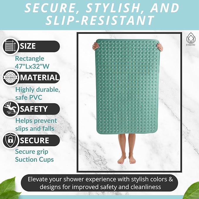 ENKOSI Extra Large Shower Mat Non Slip - 47 x 32 inch - XL Bathroom Shower Mat - Large Shower Matts for Shower Stall Floors - Secure Suction Cups and Drain Holes (47x32 Aqua Green)