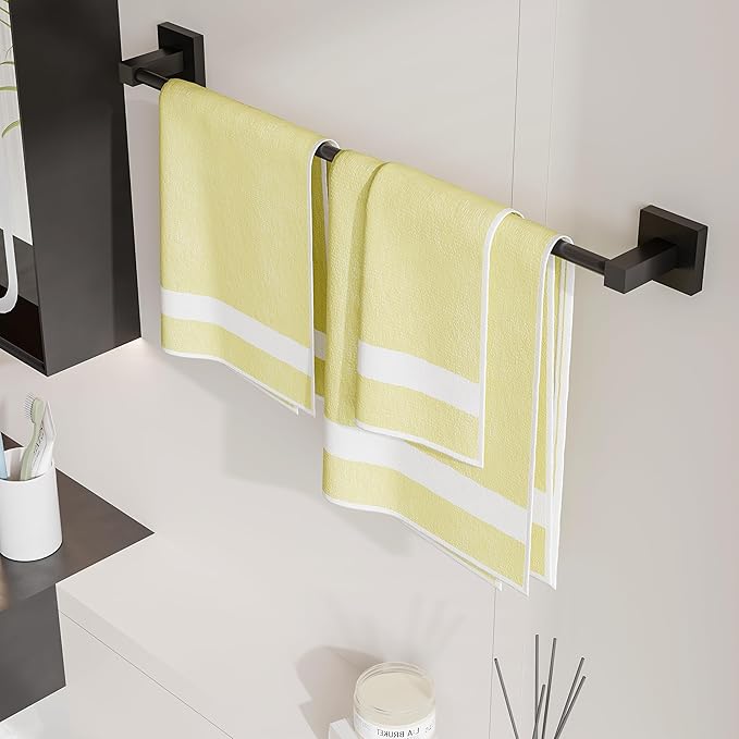 Ruacq Matte Black 21 Inch Single Towel Bar Square Bath Towel Holders Bathroom Towel Rack SUS304 Stainless Steel Modern Wall Mounted Total Length 24 Inch
