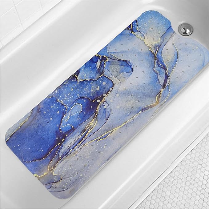 Blue Bathtub Mat Non Slip Marble Gold Line Extra Long Bath Mat for Tub Abstract Art Anti Slip Shower Mat for Bathroom with Large Drain Holes and Suction Cups Quality Bath Mats and Bathtub Decor 40x16