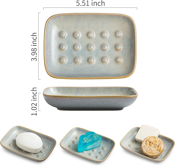 Soap Dish for Shower, Ceramic Soap Dish Non-Slip Soap Holder Bar Saver Tray for Bathroom Kitchen Sink, Floating Point Design Save Soap Loss