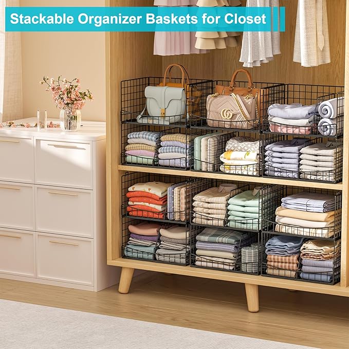 4-Tier Closet Organizers and Storage Shelves with Divider, Stackable Closet Shelf Organizer Basket Bins, Clothing Sweaters Storage Container for Wardrobe Cupboard, Black