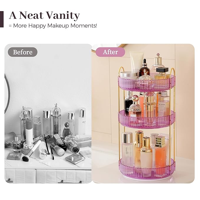Aveniee Rotating Makeup Organizer for Vanity, Perfume Skincare Organizerss Large, Spinning Bathroom Counter Shelf Holder for Cosmetics, Skin Care, Lipsticks,3 Tiers, Purple